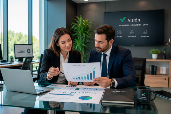 Ejecutivos de negocios en reunión profesional dentro de una oficina moderna con escritorios de vidrio, computadoras de última generación, paredes con tonos grises y verdes, mucha iluminación natural desde ventanales, dos personas en traje ejecutivo revisando documentos financieros y gráficos de crecimiento, ambiente de confianza y profesionalismo corporativo.