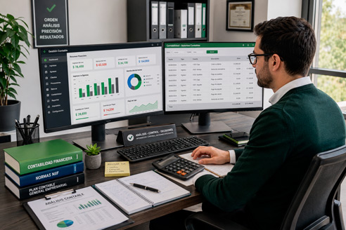 Profesional contable trabajando en escritorio moderno frente a monitor dual con software de contabilidad, documentos financieros organizados, calculadora, gráficos de análisis contable en pantalla, tonos verdes y grises, luz natural, libros de contabilidad, archivos digitales de empresas, ambiente de orden y profesionalismo contable.