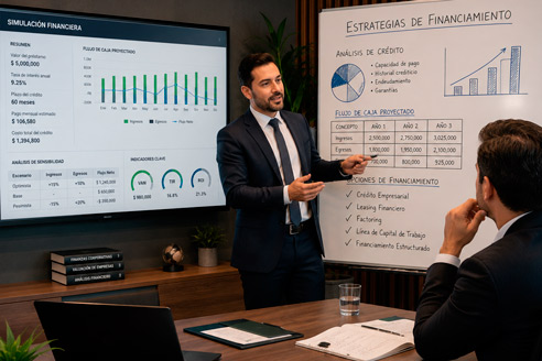 Analista financiero presentando estrategias de financiamiento a un empresario en sala de juntas ejecutiva, pizarra con gráficos de análisis de crédito, tablas de flujo de caja, opciones de financiamiento escritas, monitor mostrando simulaciones financieras, carpetas con propuestas de crédito, ambiente corporativo profesional, luz de confianza y solidez.