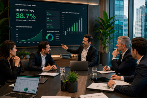 Inversores y empresarios alrededor de mesa de conferencias moderna revisando plan de negocios, pantalla mostrando proyecciones de ROI, gráficos de crecimiento exponencial, documentos de due diligence, ambiente de sala ejecutiva con tonos corporativos verde y gris, expresiones de confianza y acuerdo, plantas decorativas, ventanales con vista a ciudad.