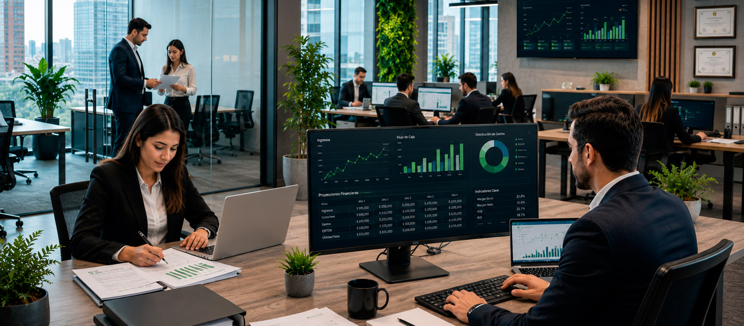 Oficina corporativa de SOLUTAX con equipo profesional de consultores trabajando en ambiente moderno, espacios abiertos, escritorios colaborativos, pared de vidrio, personas revisando análisis financieros, pantallas con datos en tiempo real, certificaciones en marco, ambiente de expertise y profesionalismo consolidado, luz natural abundante, arquitectura moderna empresarial.